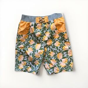 Matilda Jane Boys Size 14 Swim Trunks Board Shorts Lemon Print Blue Yellow Mesh